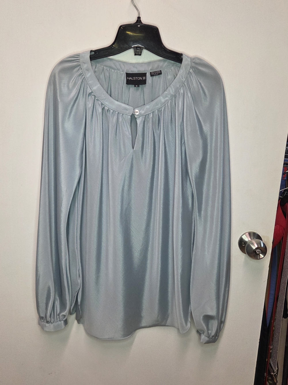 Halston Heritage Light Blue Satin Pleated Scoop-Neck Blouse Size M